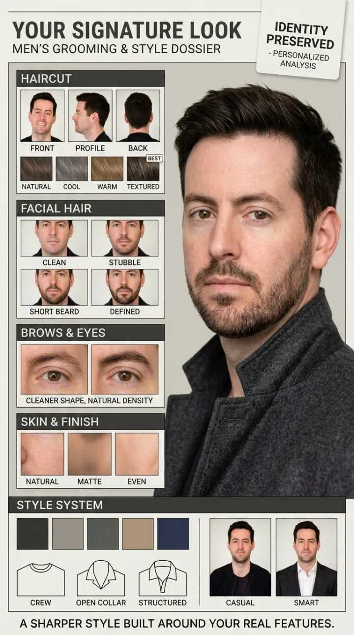 Glow Up Analysis men's grooming and style card example