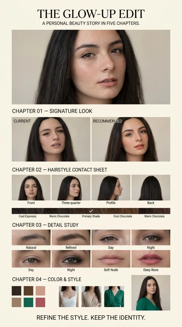 Glow Up Analysis cinematic beauty storyboard card example